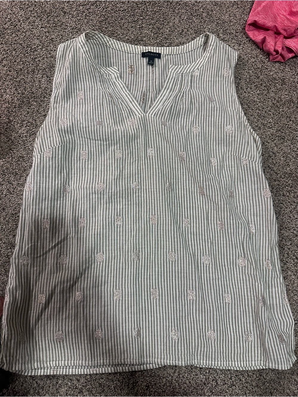 Talbots Sage Green and White Striped Sleeveless Embroidered V-Neck Camisole